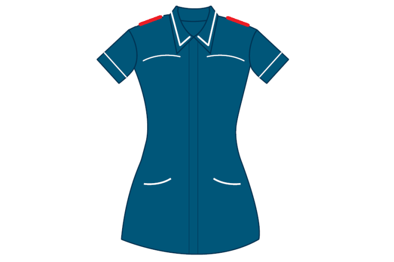 Navy blue uniform with red shoulders