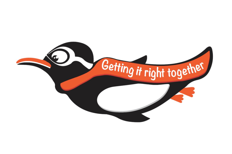 A flying cartoon penguin with an orange scarf that has the words Getting it Right Together on it