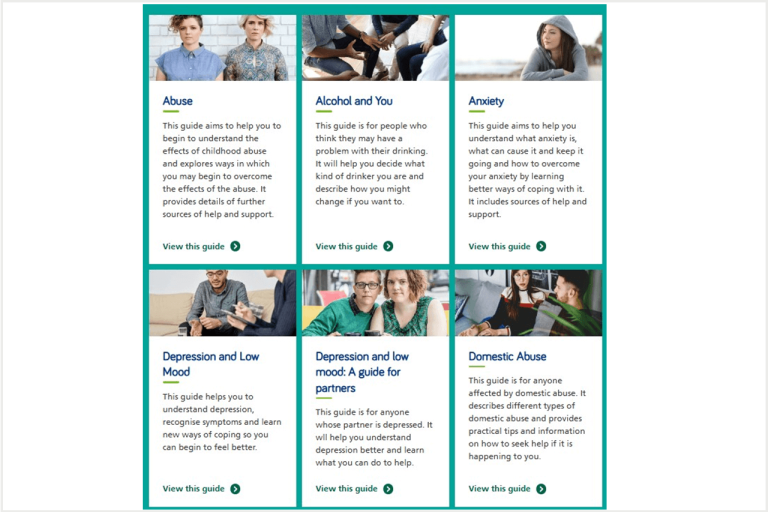 A list of rectangular tabs detailing information about mental health self help guides