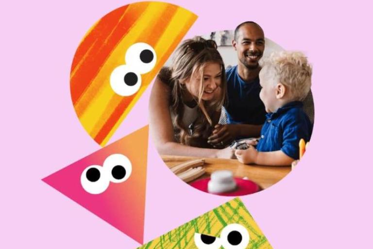 Colourful shapes with googly eyes and a man and woman smiling with a child sitting at a table.