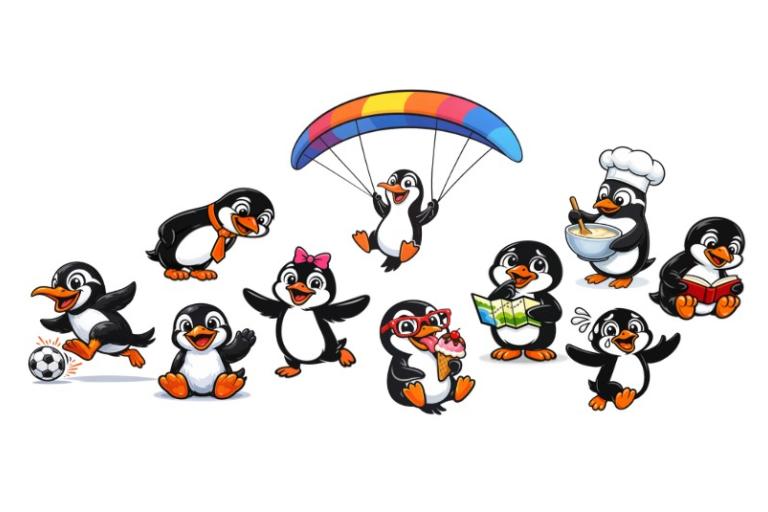 Ten cartoon smiling penguins with different clothing and doing different actions such as kicking a football and licking an ice cream. 