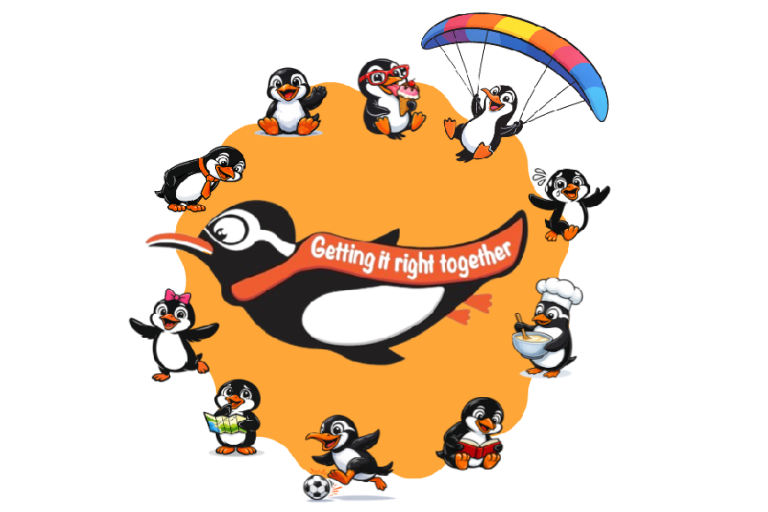 A flying penguin in the centre surrounded by lots of smaller cartoon penguins. 
